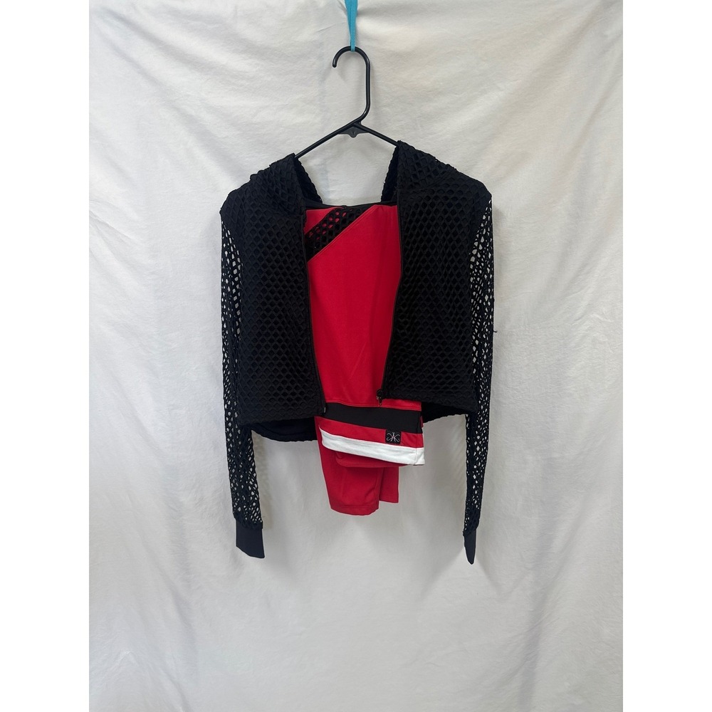 DK Active Womens Set Red Leggings Black Cropped Hoodie Fishnet Sleeves